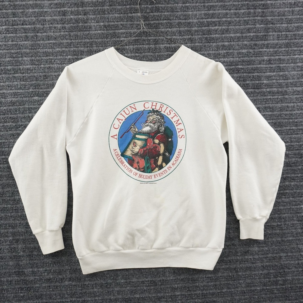 Vintage 80s Fruit of the Loom A Cajun Christmas Sweatshirt Mens L White 1987